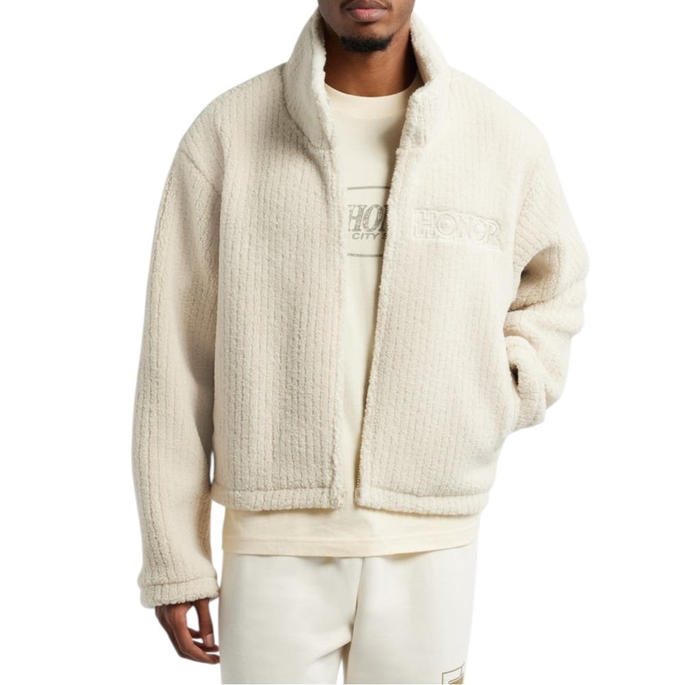 Honor the Gift Crop Ribbed Fleece Zip Jacket Small Tan Cream